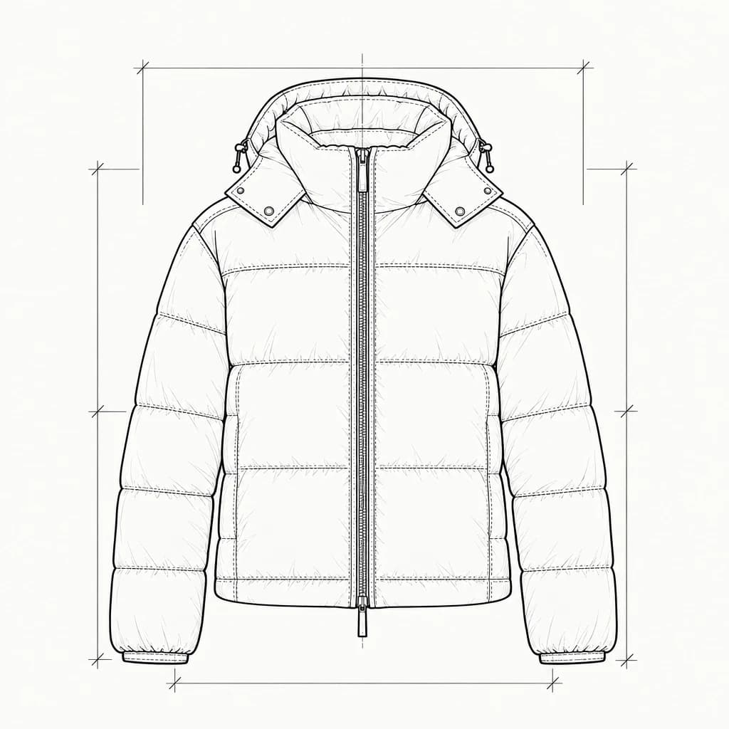 Technical sketch of style PUF-3302, a cropped puffer jacket